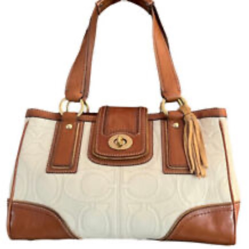 Coach Hampton Signature Monogram Embossed Leather Satchel Cream & Pecan Tan Trim